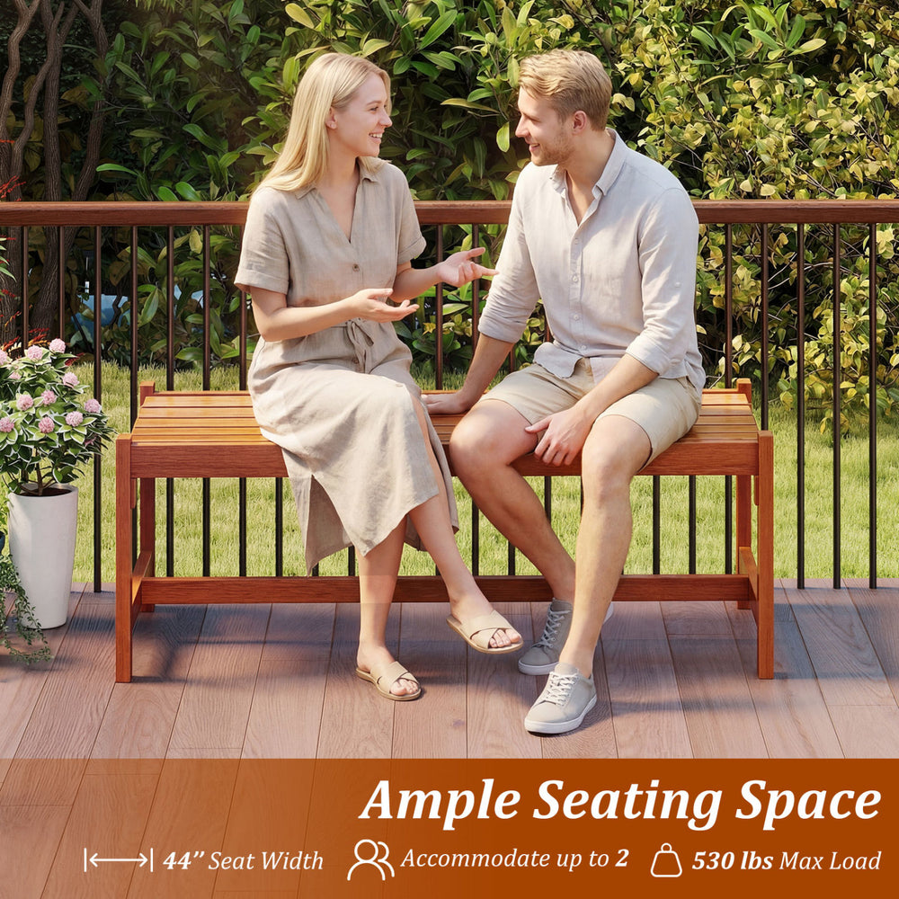 Patio wood bench with teak oil finish, 44-inch wide seat for 2 adults, perfect for outdoor dining and relaxation.