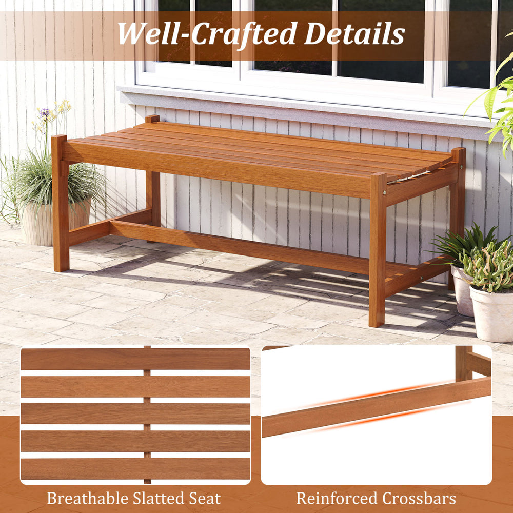 44-inch outdoor solid hardwood bench with slatted seat and teak oil finish, ideal for patios and gardens.