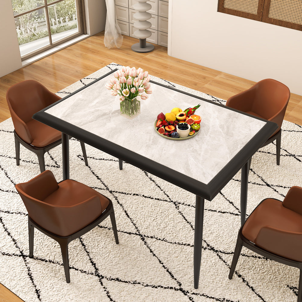 Rectangular sintered stone dining table with golden metal frame, perfect for indoor dining and gatherings.