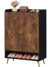 Shoe storage cabinet in rustic brown with 7-tier doors, adjustable shelves, and raised metal legs for easy cleaning.
