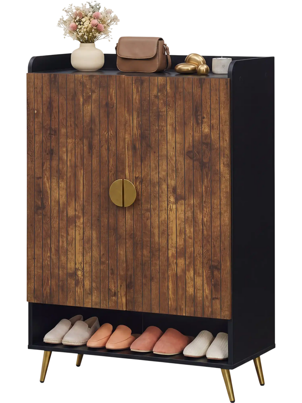 Shoe storage cabinet in rustic brown with 7-tier doors, adjustable shelves, and raised metal legs for easy cleaning.
