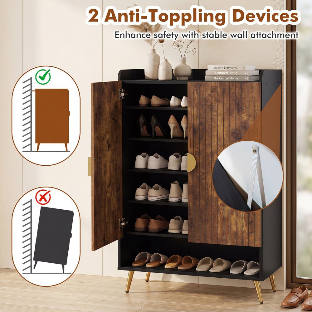 44" tall rustic brown shoe storage cabinet with 7-tier doors, adjustable shelves, and anti-tip devices for safety.