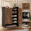 Rustic brown 44" tall shoe storage cabinet with 7-tier doors, adjustable shelves, and elegant metal handles for entryway organization.