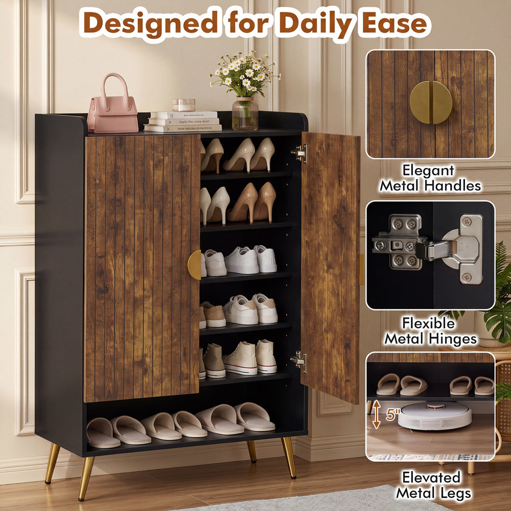 Rustic brown 44" tall shoe storage cabinet with 7-tier doors, adjustable shelves, and elegant metal handles for entryway organization.