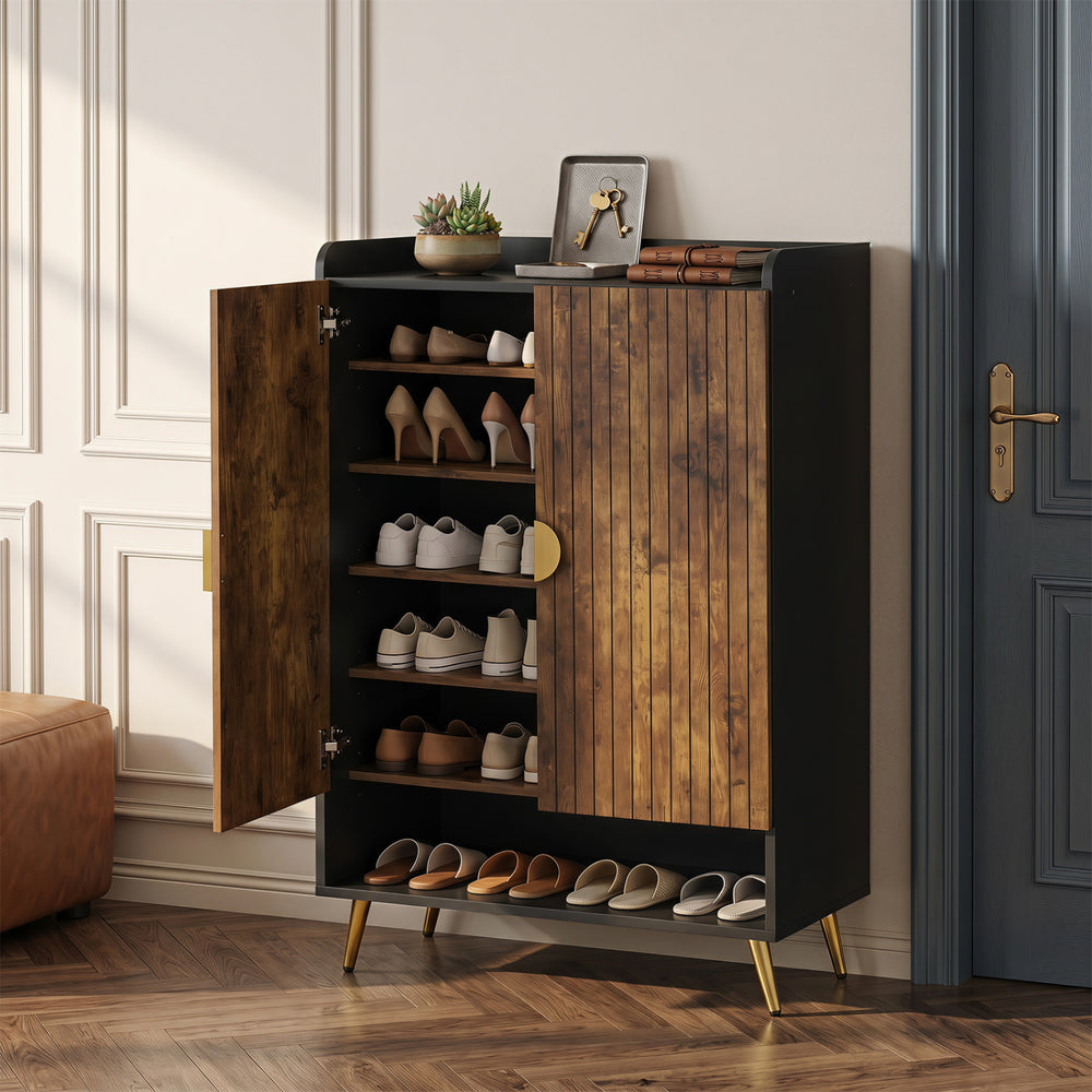 Shoe storage cabinet with rustic brown finish, featuring 7 adjustable shelves and metal handles for entryway organization.