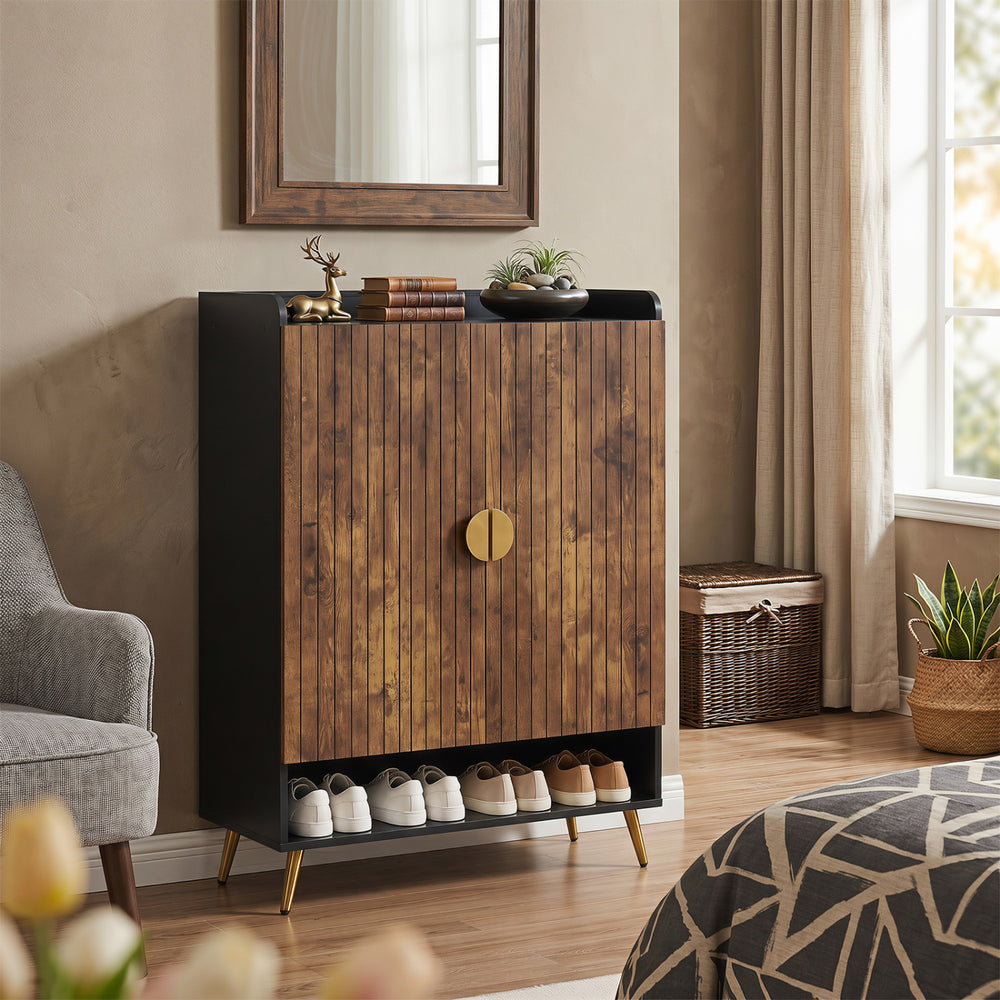 44" Tall Shoe Storage Cabinet with 7-Tier Doors and Adjustable Shelves for Entryway-Rustic Brown - Gallery View 1 of 9