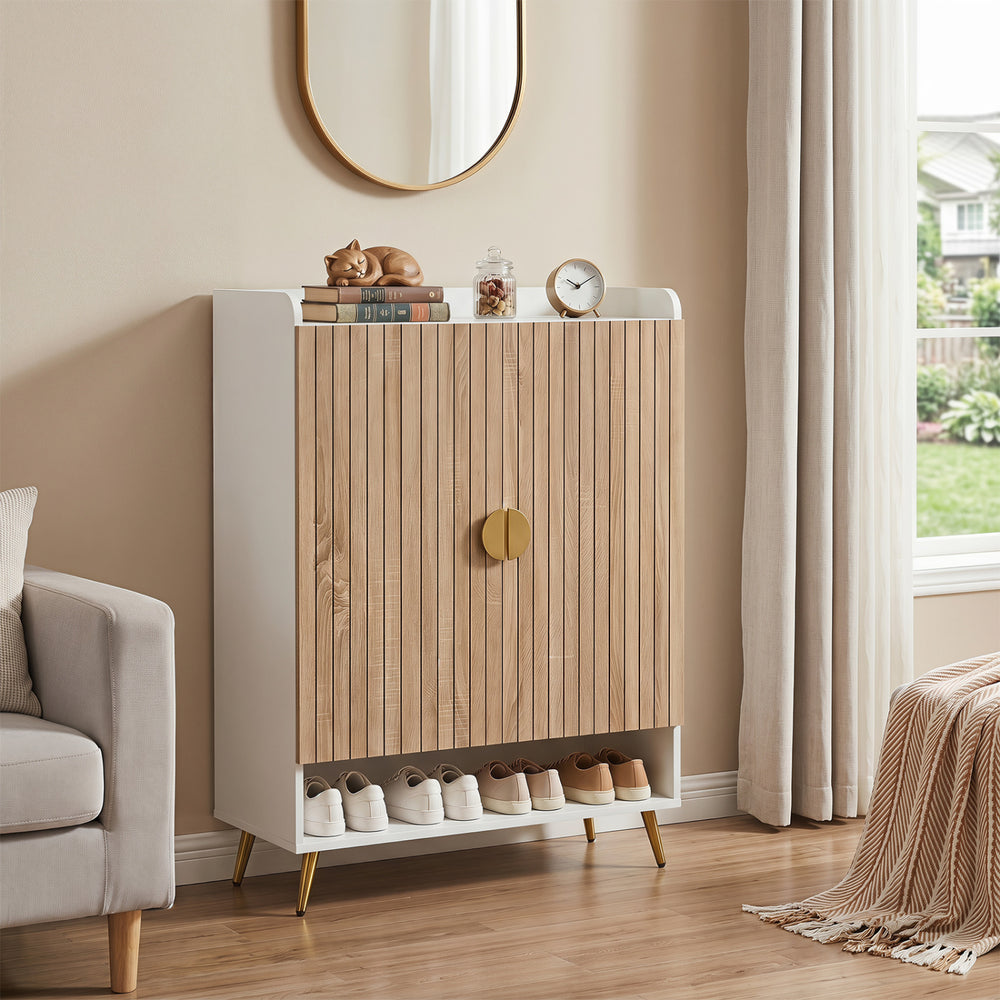 44" Tall Shoe Storage Cabinet with 7-Tier Doors and Adjustable Shelves for Entryway-Natural - Gallery View 1 of 9