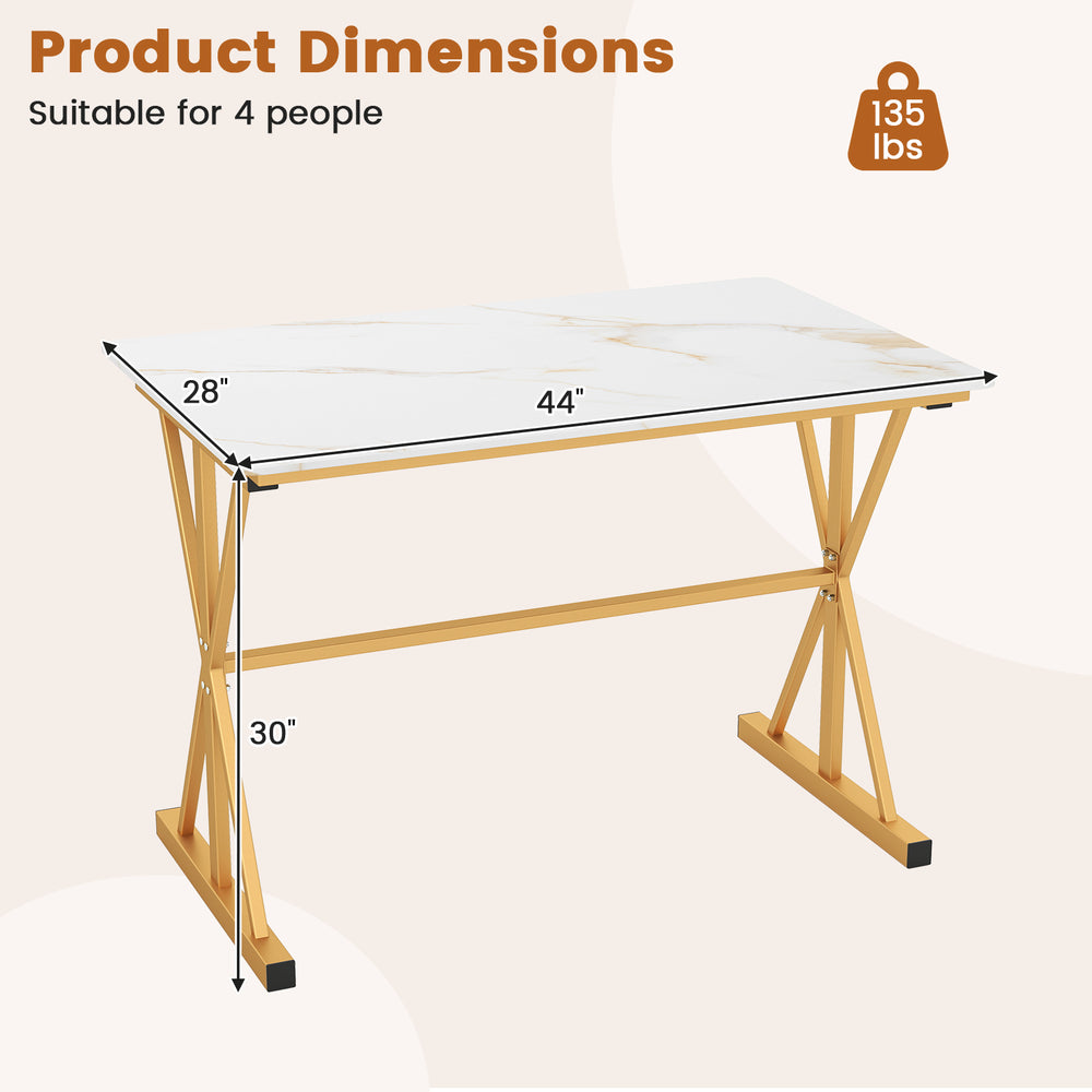 Sintered stone dining table with faux marble top and golden metal frame, dimensions 44" x 28", suitable for 4 people.