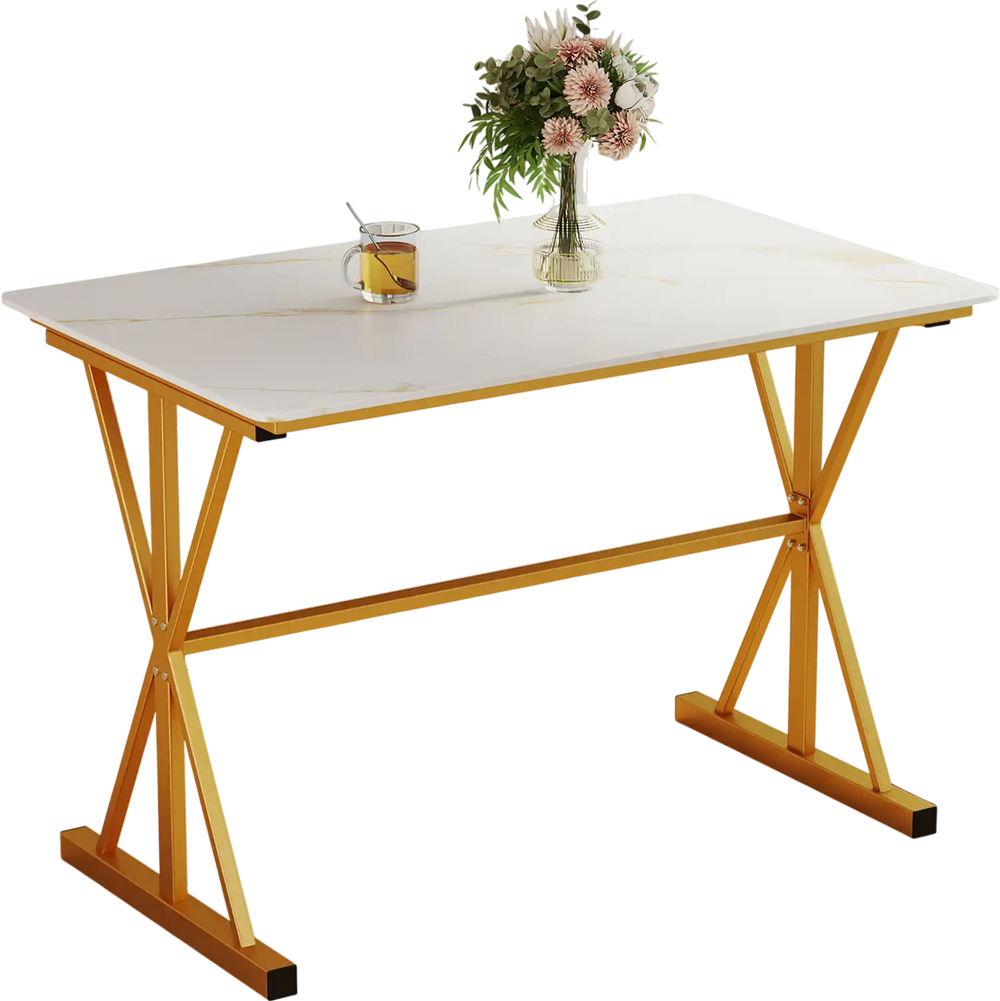 Sintered stone dining table with a golden metal frame and faux marble top, perfect for kitchen or dining room.