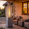 Pyramid patio heater with 45000 BTU, gray finish, providing 360° heating for outdoor gatherings on a cozy deck.