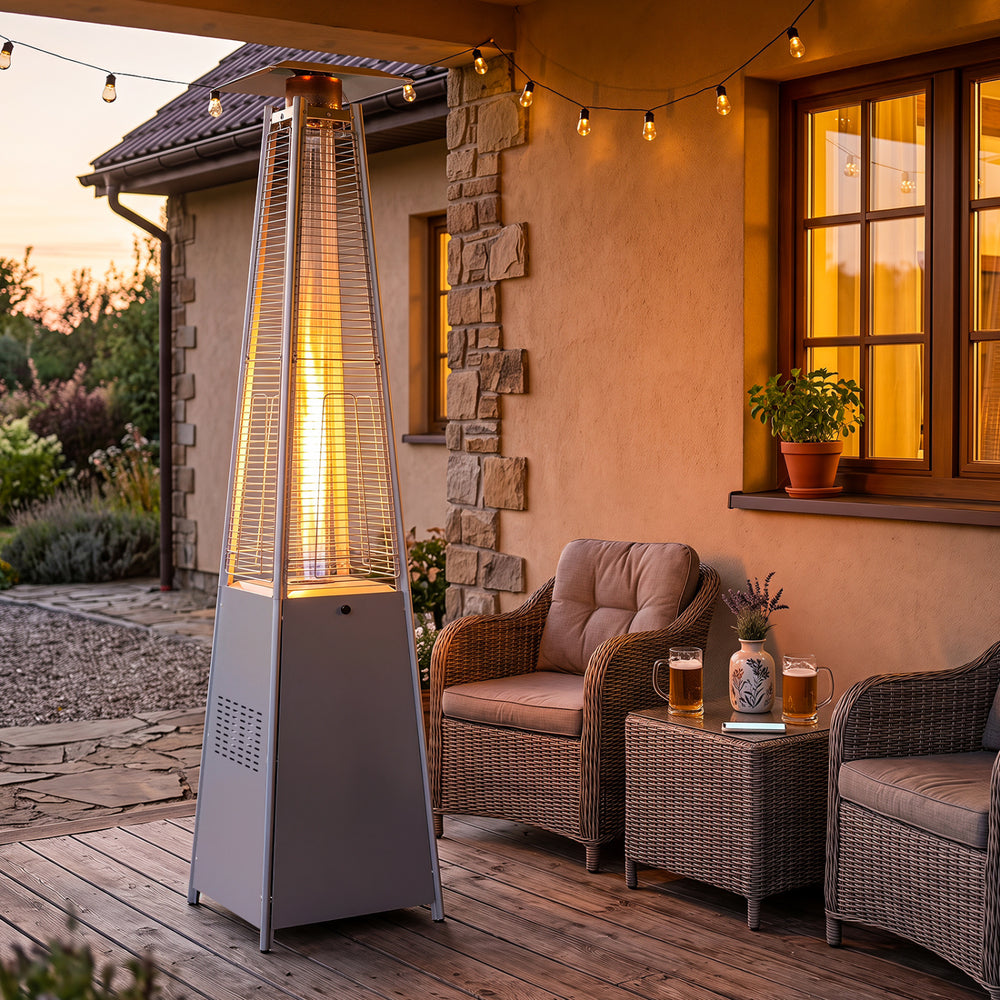 Pyramid patio heater with 45000 BTU, gray finish, providing 360° heating for outdoor gatherings on a cozy deck.
