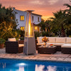 Pyramid patio heater with 45000 BTU, gray finish, providing 360° heating for outdoor gatherings by the pool.