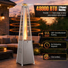 Pyramid patio heater with 45000 BTU, 360° omnidirectional heating, and zippered cover for outdoor warmth and safety.