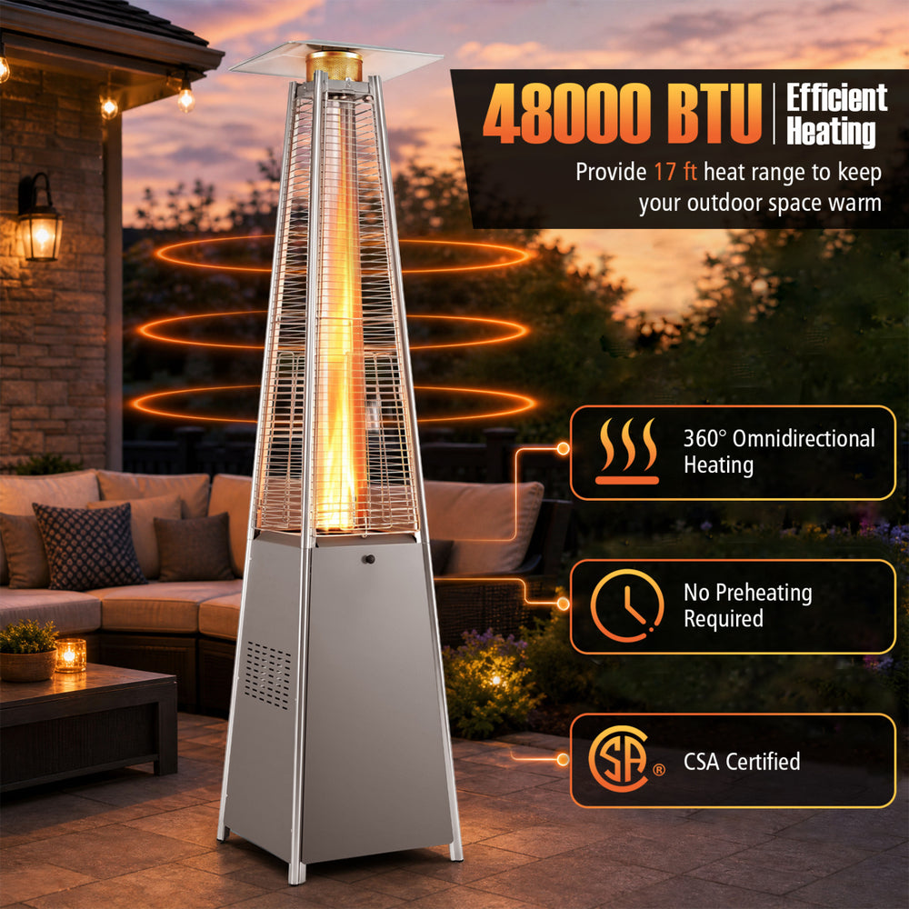 Pyramid patio heater with 45000 BTU, 360° omnidirectional heating, and zippered cover for outdoor warmth and safety.