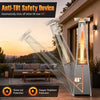 Pyramid patio heater with 45000 BTU, anti-tilt safety device, and zippered cover for outdoor warmth and safety.