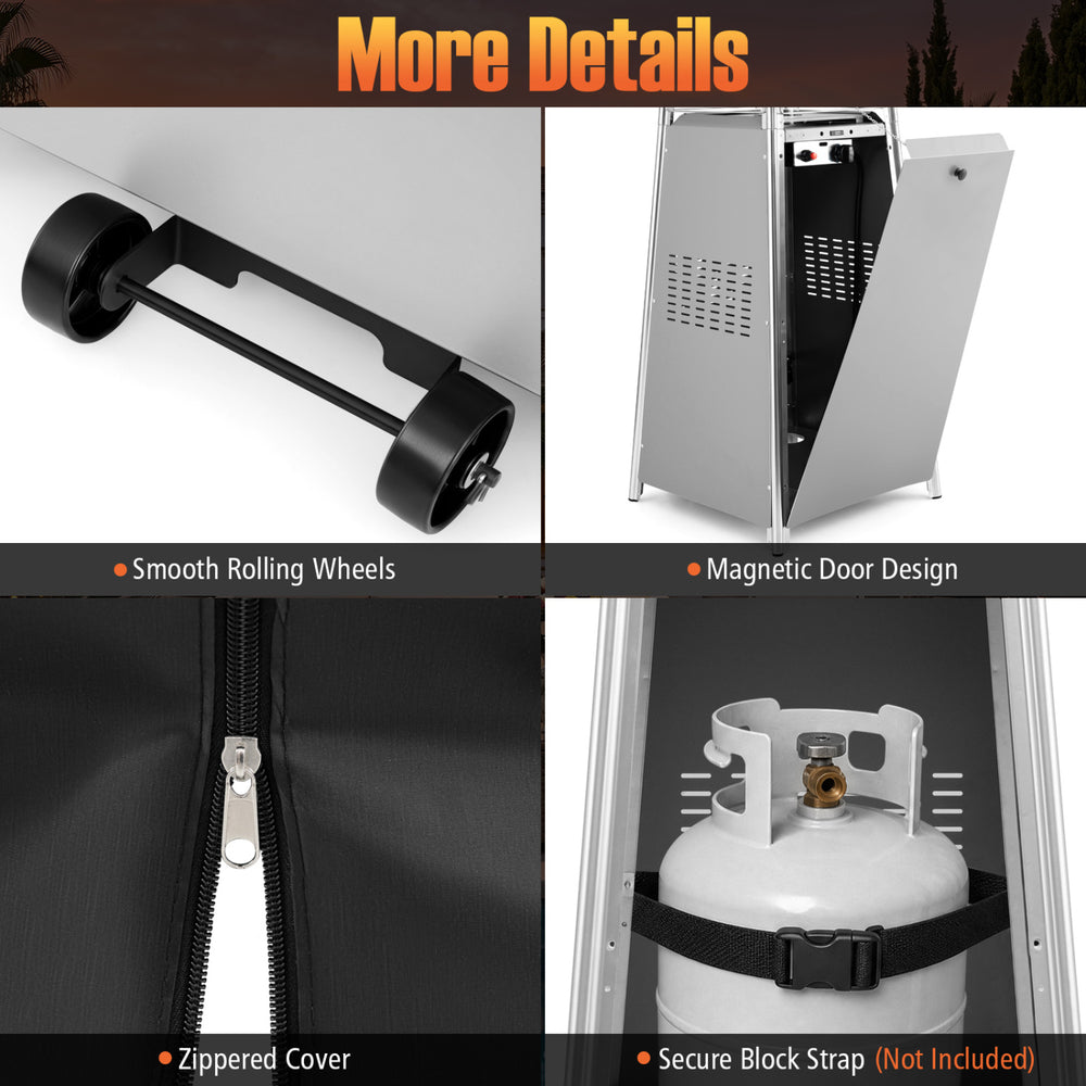 Gray 45000 BTU pyramid patio heater features smooth rolling wheels, a zippered cover, and a magnetic door design for easy access.