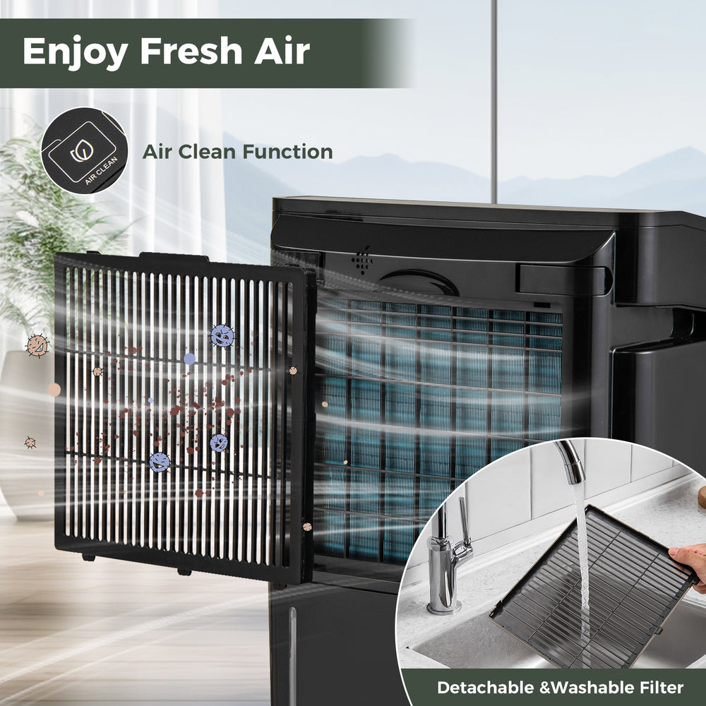 Close-up of the washable filter for the 4500 Sq. Ft dehumidifier, showcasing air clean function and efficient design.