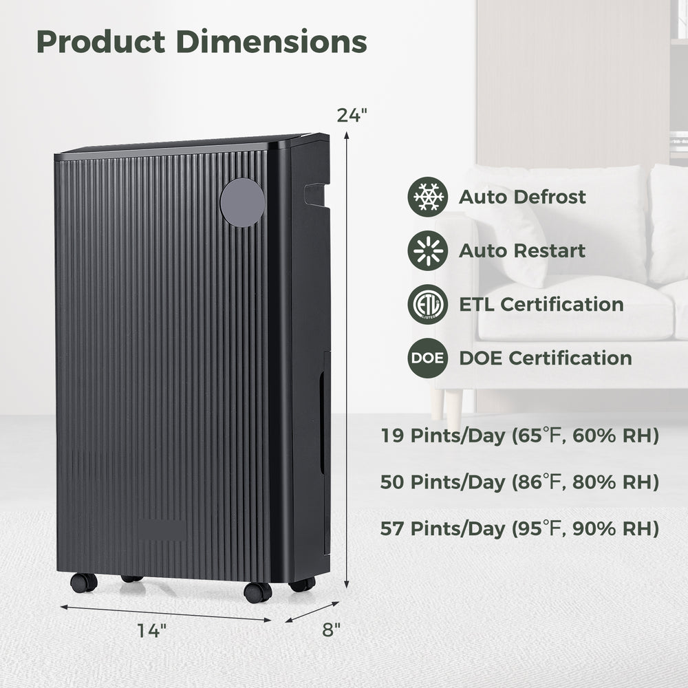 Black 57 Pint dehumidifier with digital display, 4 modes, and 24-hour timer for efficient humidity control in large.