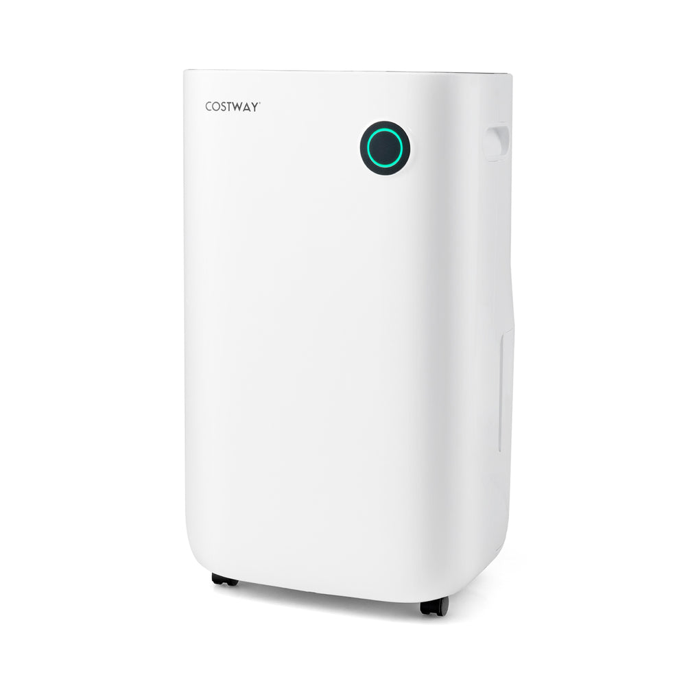 4500 Sq. Ft dehumidifier in white with digital display, 5 modes, and 3-color indicator light for efficient moisture.