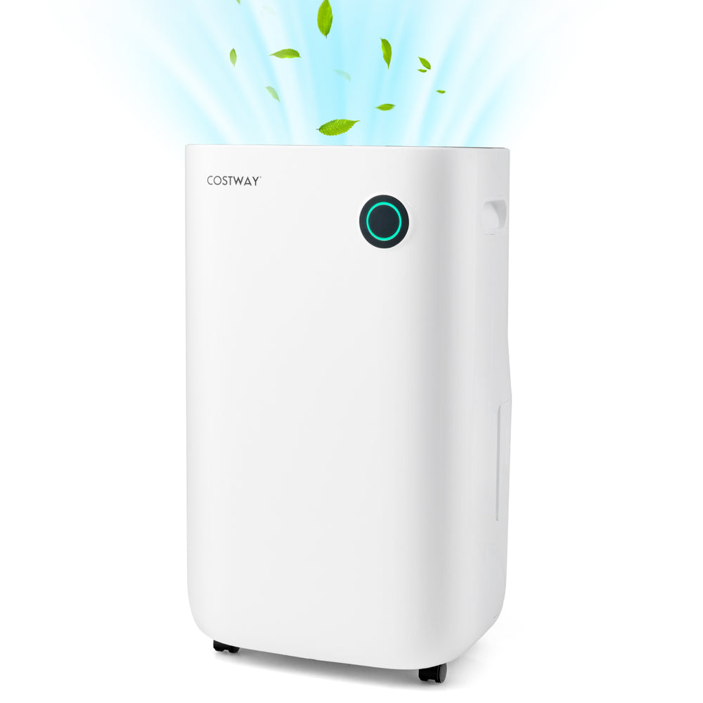 4500 Sq. Ft dehumidifier in white featuring a detachable filter and child lock for easy maintenance and safe operation.