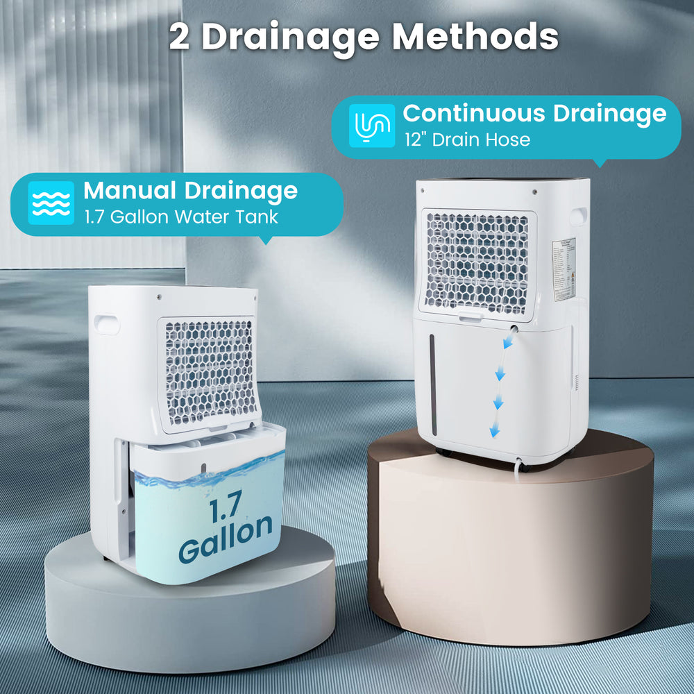 4500 Sq. Ft dehumidifier with 1.7-gallon tank, showcasing manual and continuous drainage methods for versatile moisture.