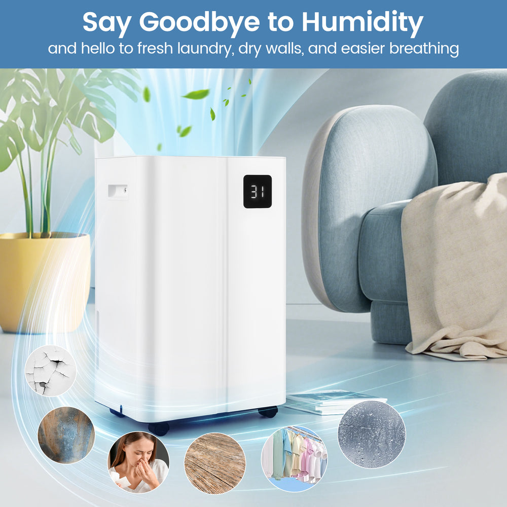 4500 Sq.Ft dehumidifier in white with LED display, ideal for home use, featuring 3 modes and a large water tank.