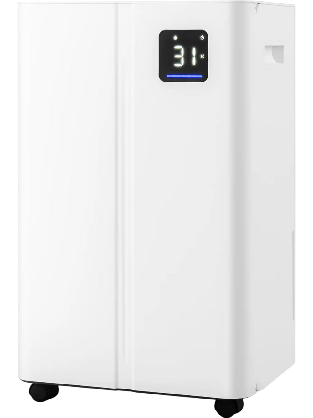 White 4500 Sq.Ft dehumidifier with LED display, 3 modes, and 4 wheels for easy mobility in home and basement.