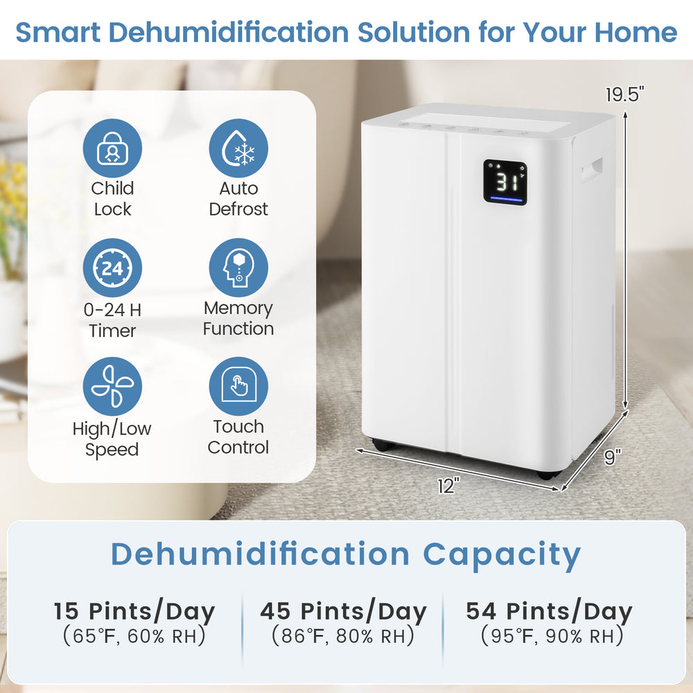 4500 Sq.Ft 54 Pints dehumidifier with touch control, LED display, and 3 modes, ideal for home and basement use.
