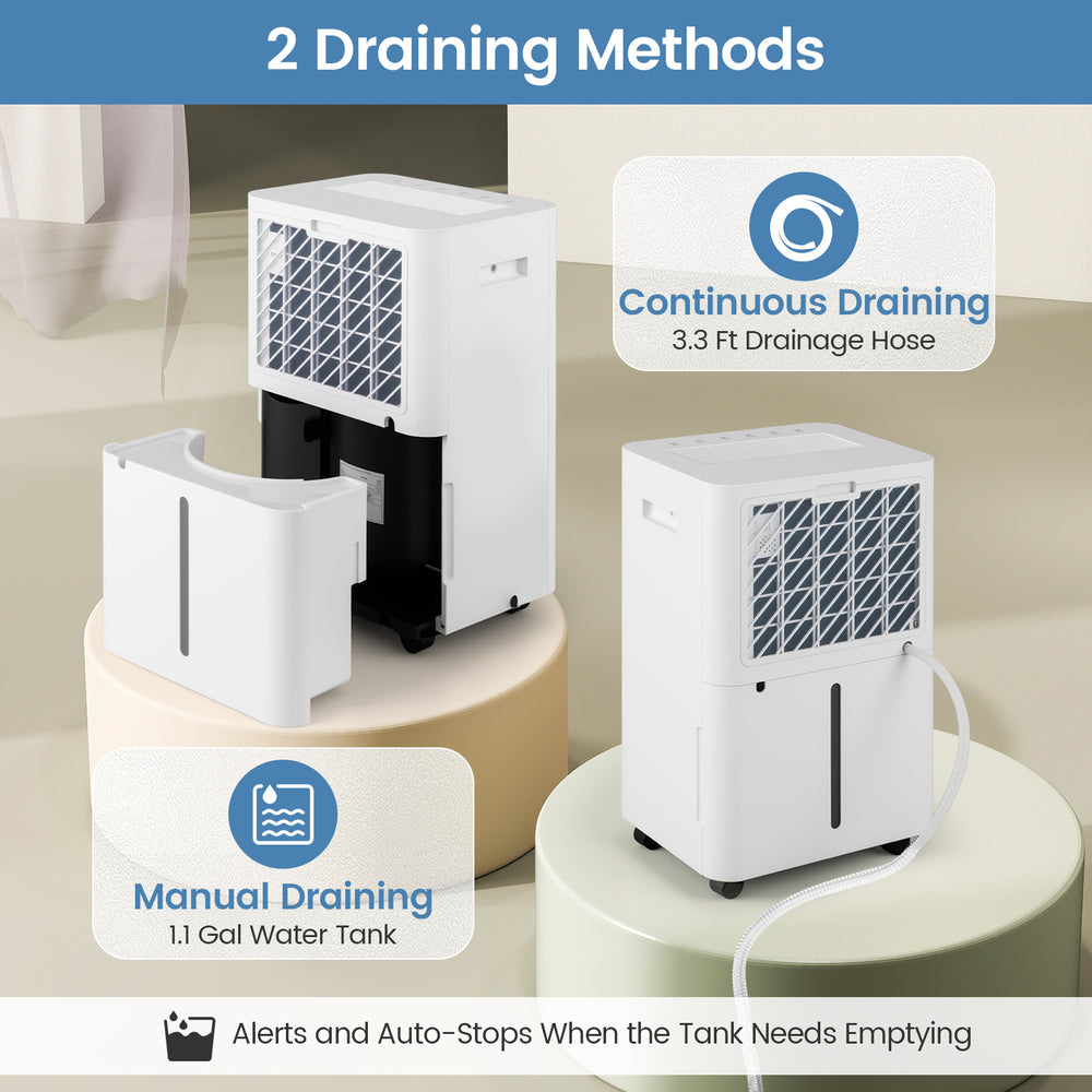 Dehumidifier with 1.1-gallon tank and 3.3 ft drainage hose, ideal for home and basement use, featuring touch control.