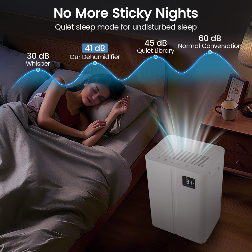 Dehumidifier with intelligent touch control, 54 pints capacity, and low noise operation for peaceful sleep in any room.