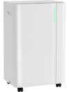 White 54-pint dehumidifier with wheels, LED display, and drain hose for efficient moisture removal in large rooms.
