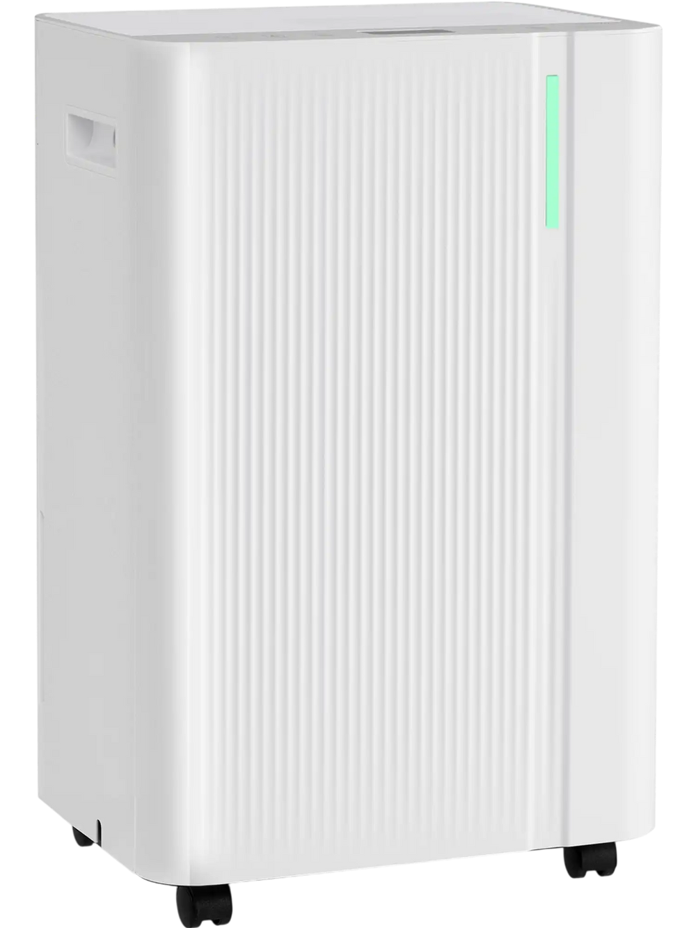 White 54-pint dehumidifier with wheels, LED display, and drain hose for efficient moisture removal in large rooms.