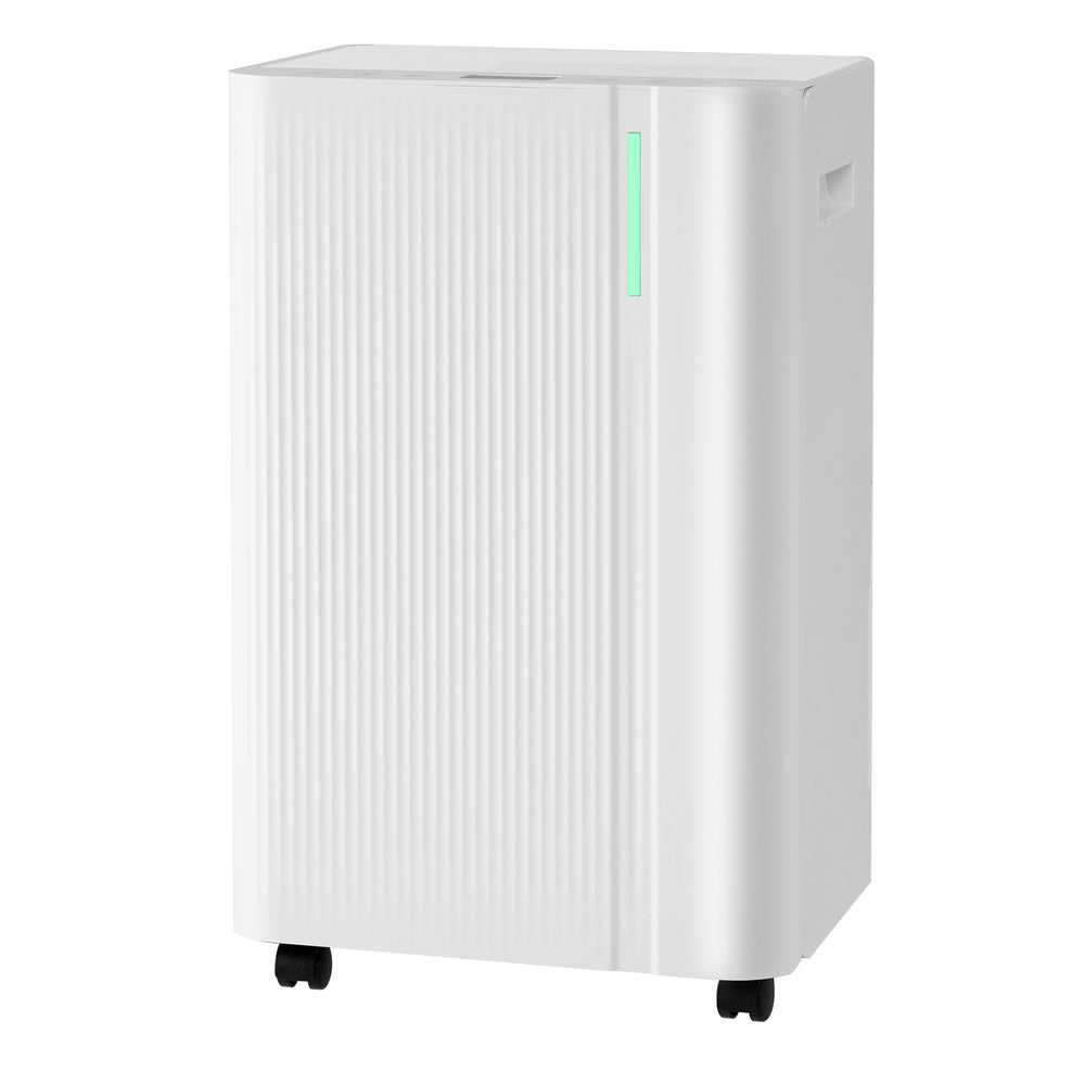 White 54-pint dehumidifier with LED display, designed for rooms up to 4500 sq.ft, featuring wheels for easy mobility.