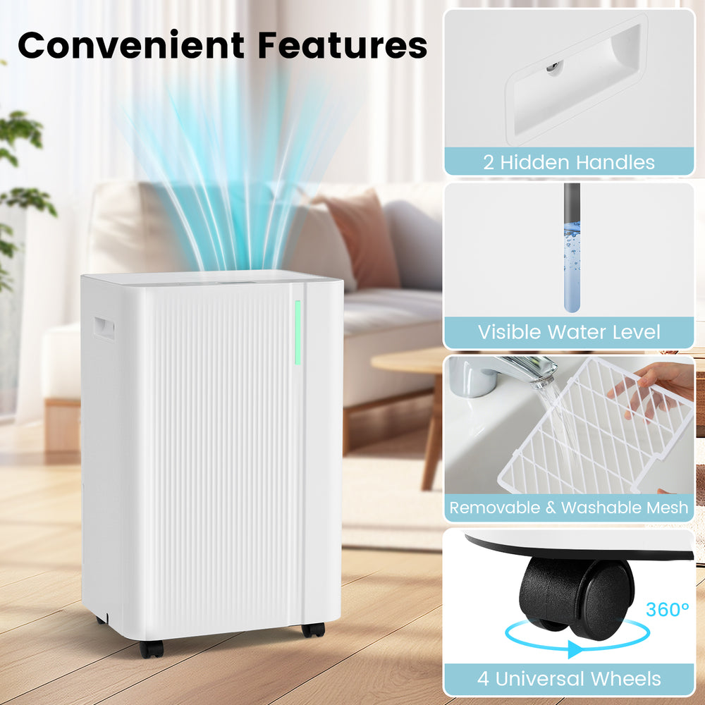 4500 sq.ft dehumidifier in white with visible water level, universal wheels, and smart touch panel for home use.