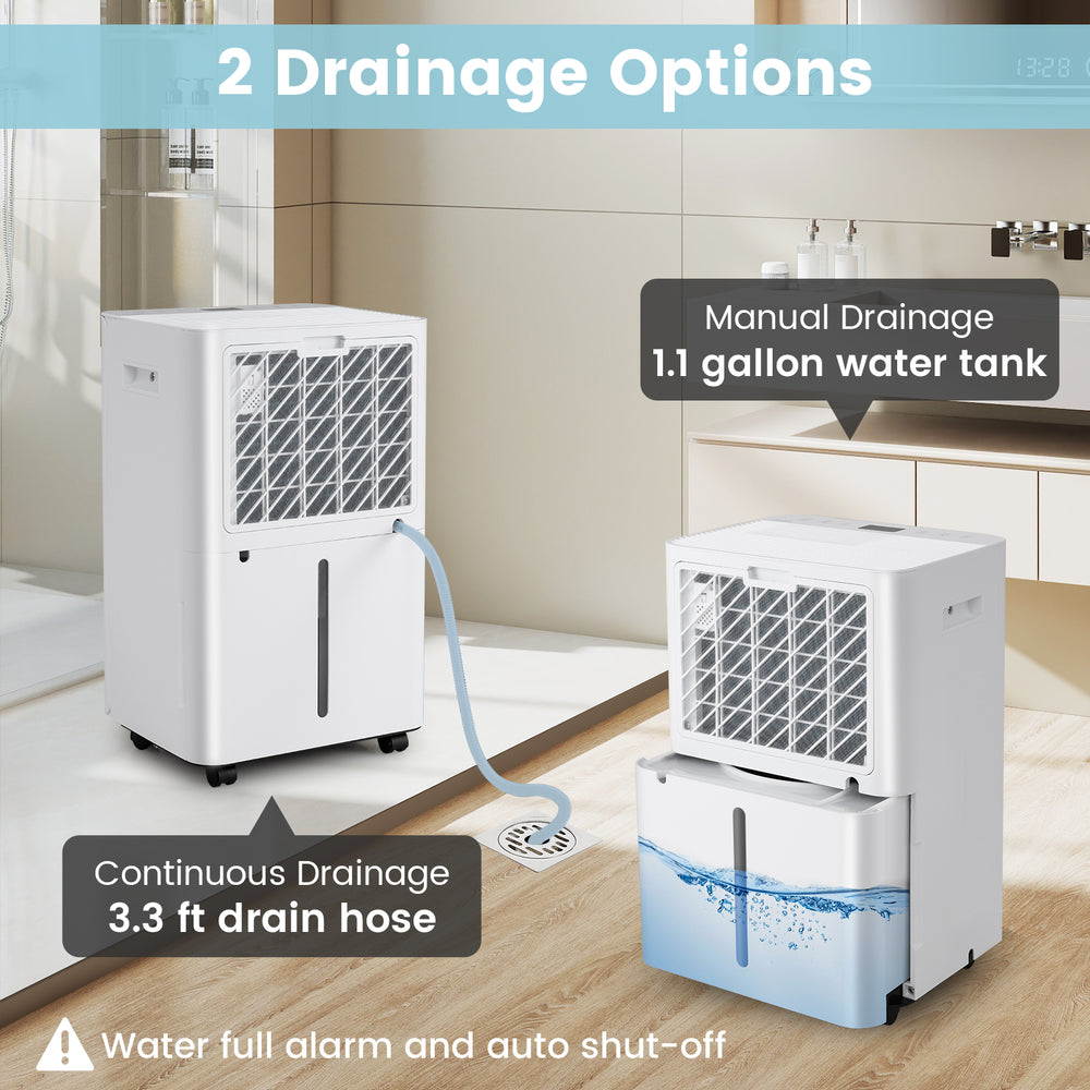 Dehumidifier with manual and continuous drainage options, featuring a 1.1-gallon tank and 3.3 ft drain hose for home.
