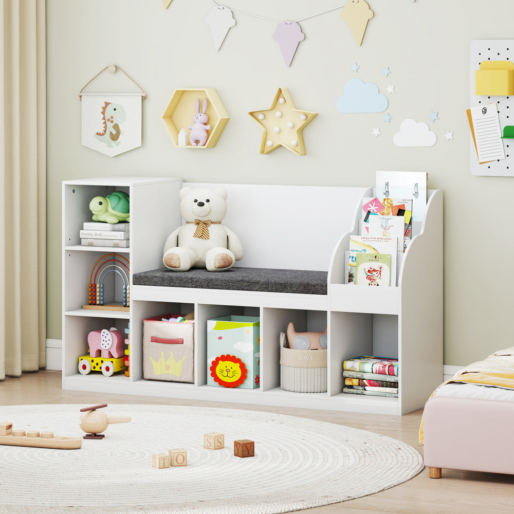 Kids bookcase with reading nook in white, showcasing a smooth surface and rounded corners for safe, stylish.