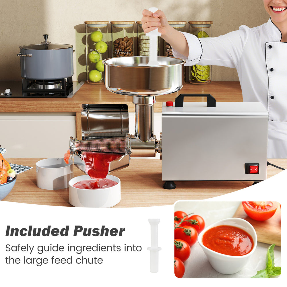 Electric tomato strainer with included pusher, stainless steel design, for easy jam production on kitchen counter.