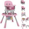 16-in-1 baby high chair in pink with adjustable height, activity center, and toy storage for versatile use.