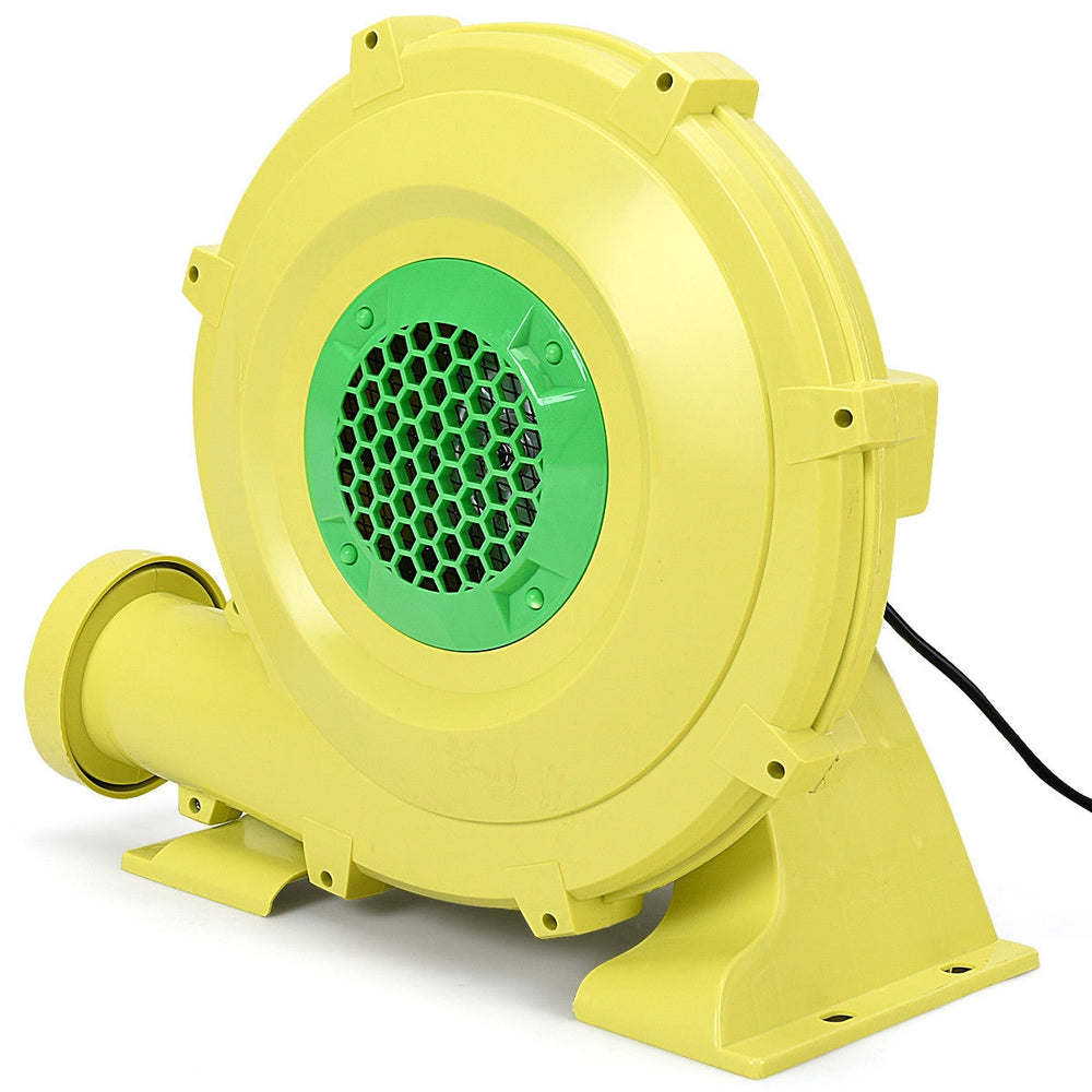 Yellow 950 W air blower pump fan with top-mounted handle for inflatable bounce houses and water slides.