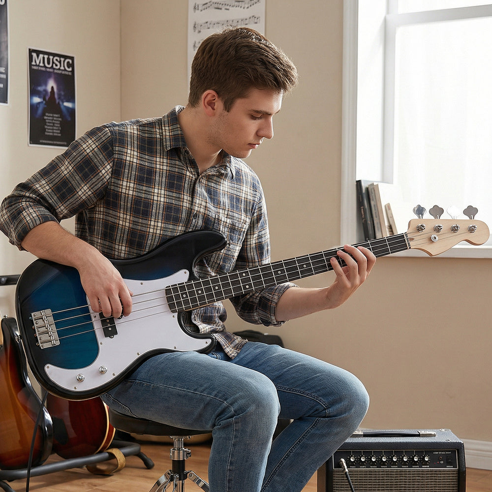 Electric bass guitar in blue with double pickups, featuring a smooth neck and solid wood construction, ideal for.