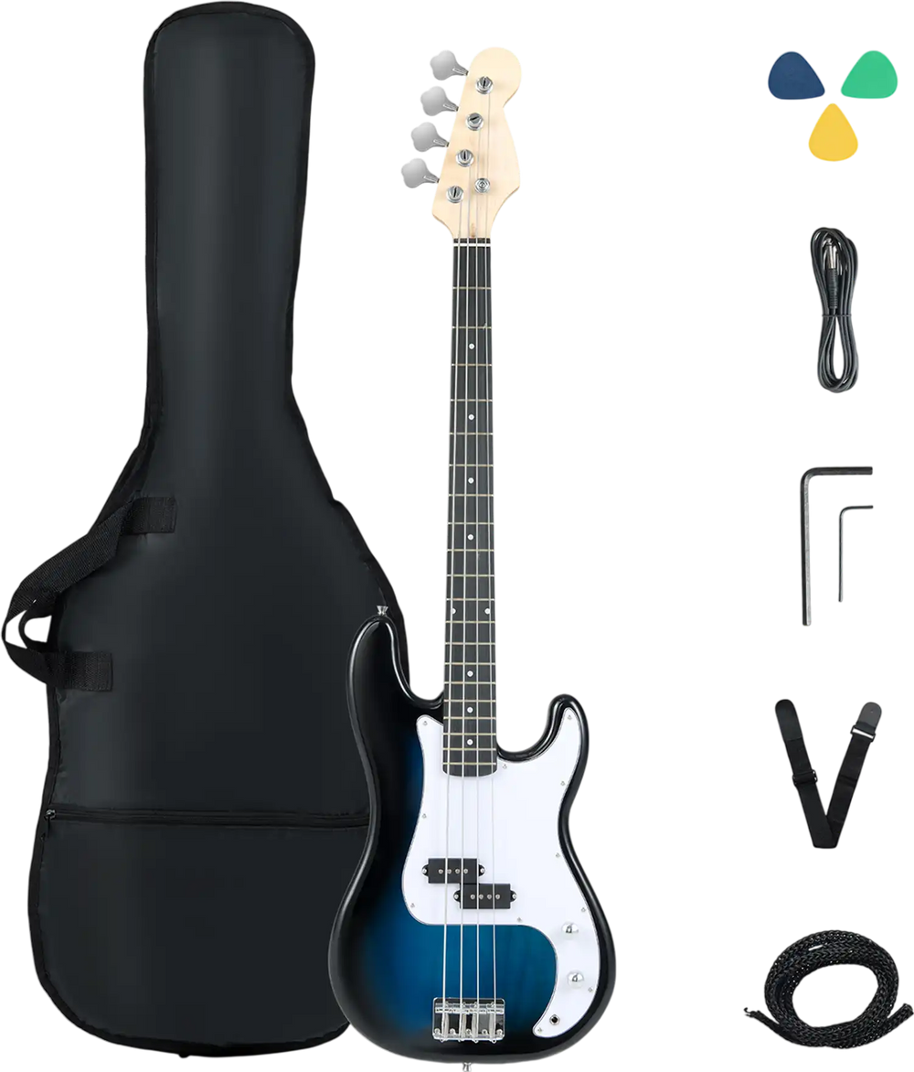 45.5-inch blue electric bass guitar with double pickups, gig bag, and accessories for beginners, perfect for various.