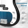 Close-up of the blue electric bass guitar showing volume and tone adjustment knobs for customized sound.