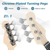 Close-up of chrome-plated tuning pegs on a 45.5-inch electric bass guitar for precise and easy adjustments.