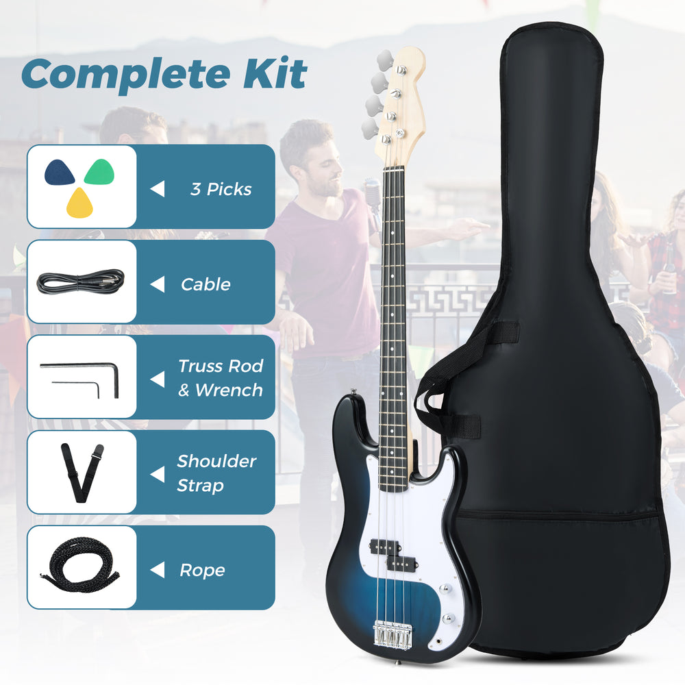 45.5-inch electric bass guitar in blue with gig bag, featuring double pickups, 4 steel strings, and accessories for.