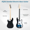 Right-handed electric bass guitar with poplar body, maple neck, double pickups, and included gig bag for portability.