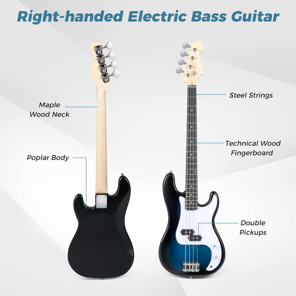 Right-handed electric bass guitar with poplar body, maple neck, double pickups, and included gig bag for portability.