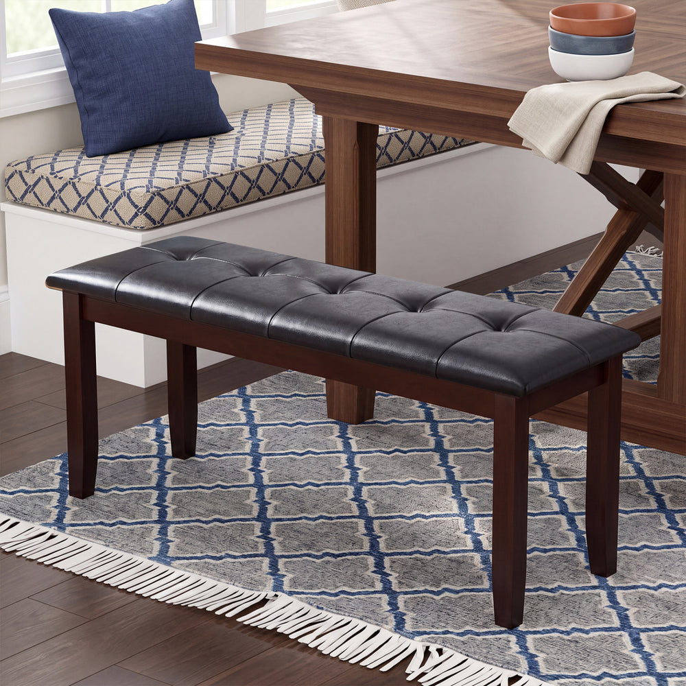Brown PU leather upholstered bench with padded seat and strong rubber wood legs, ideal for dining or shoe storage.