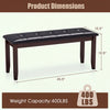 Brown PU leather upholstered bench with padded seat, rubber wood legs, and button tufted design, holds up to 400 lbs.