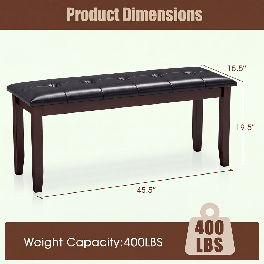 Brown PU leather upholstered bench with padded seat, rubber wood legs, and button tufted design, holds up to 400 lbs.