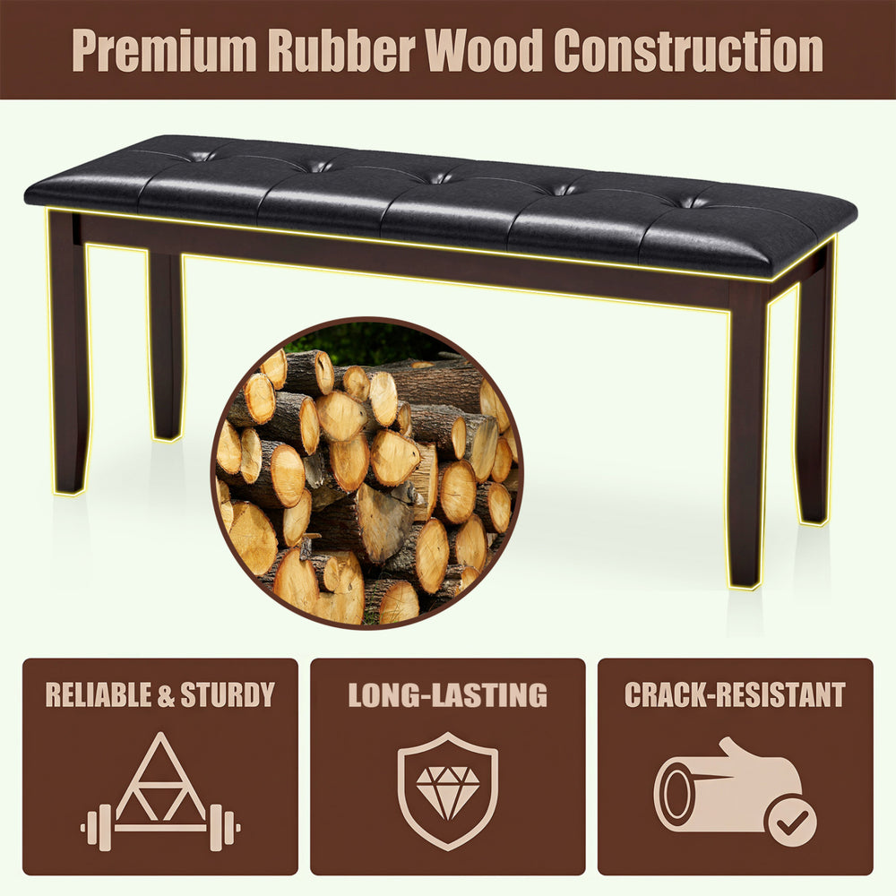 Button tufted 45.5" PU leather upholstered bench with sturdy rubber wood legs, ideal for dining or shoe storage.